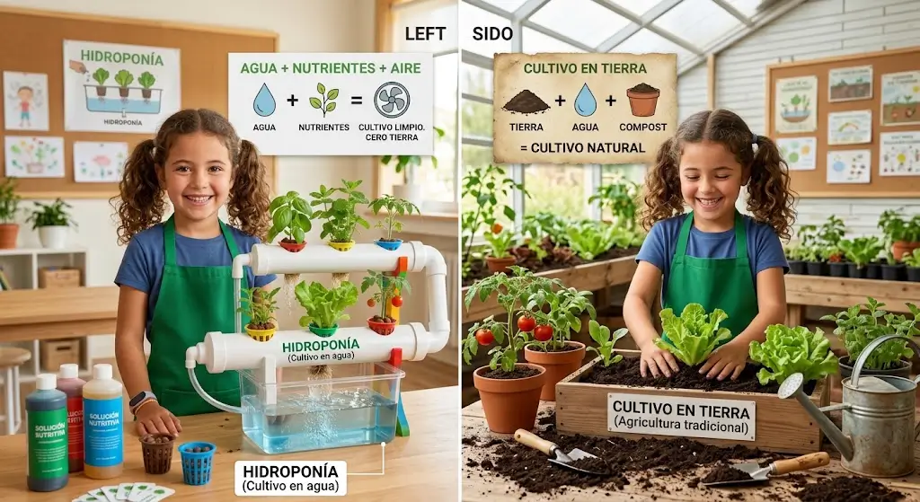 Enseñar a los niños a cultivar en agua vs cultivar en tierra.