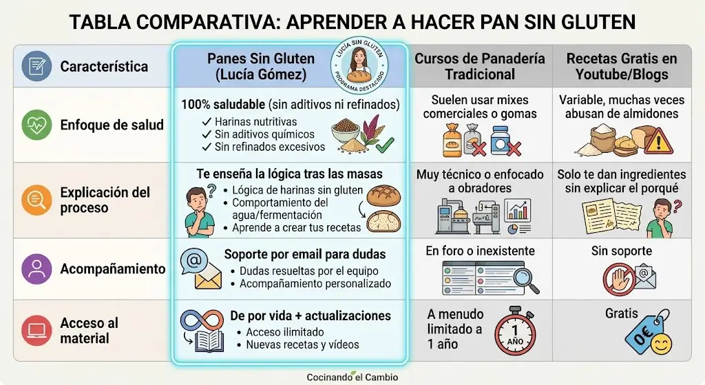 Tabla comparativa de Panes y masas sin gluten de Lucía Gómez vs otras formas de aprendizaje